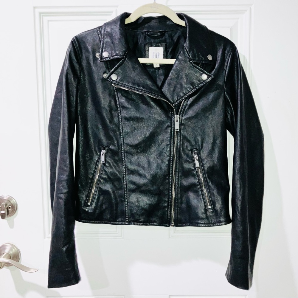 GAP Vegan Faux Leather Bikercore Full Zip Moto Jacket Women’s True Black Small - Picture 12 of 14